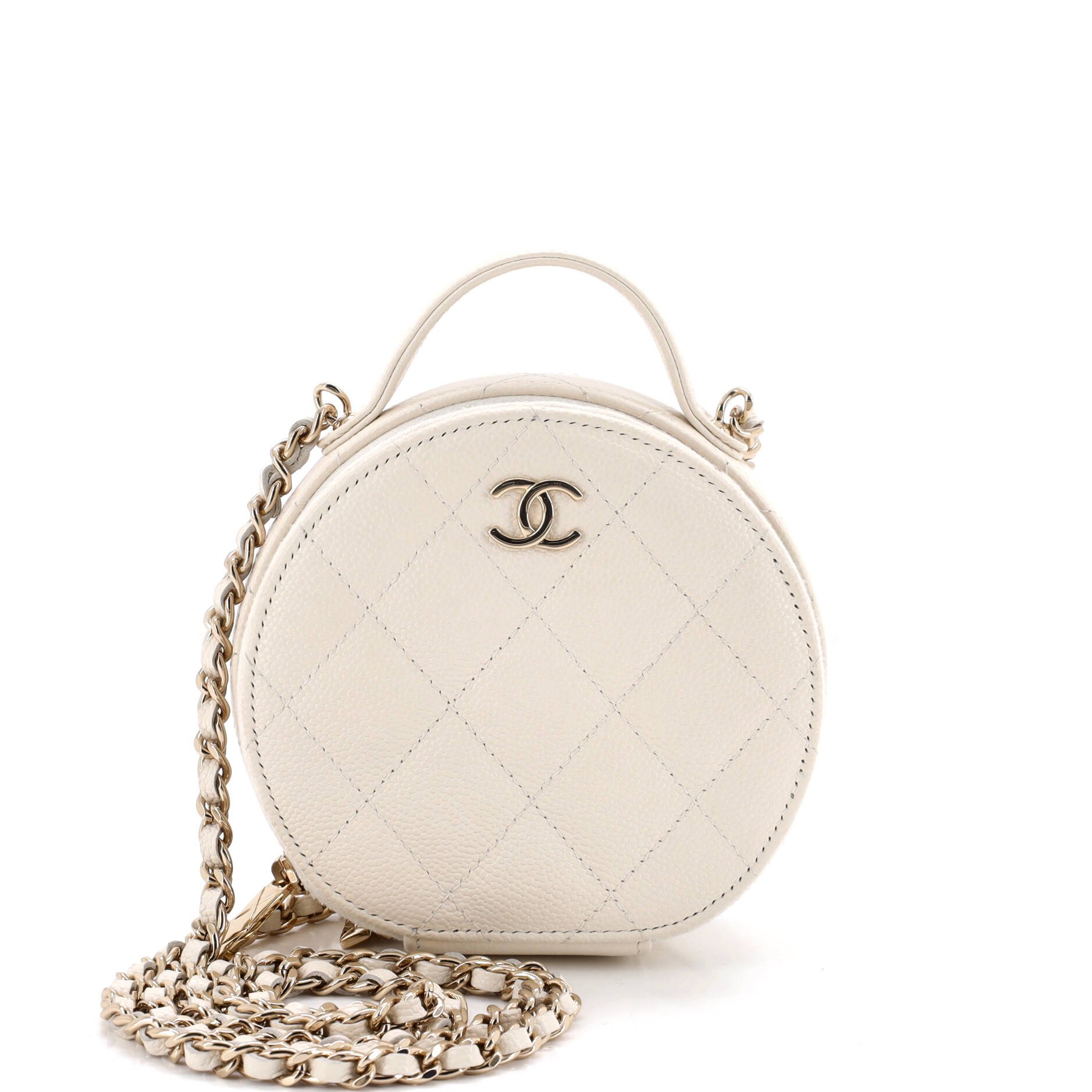 Handle with Care Round Vanity Case with Chain Quilted Caviar Small