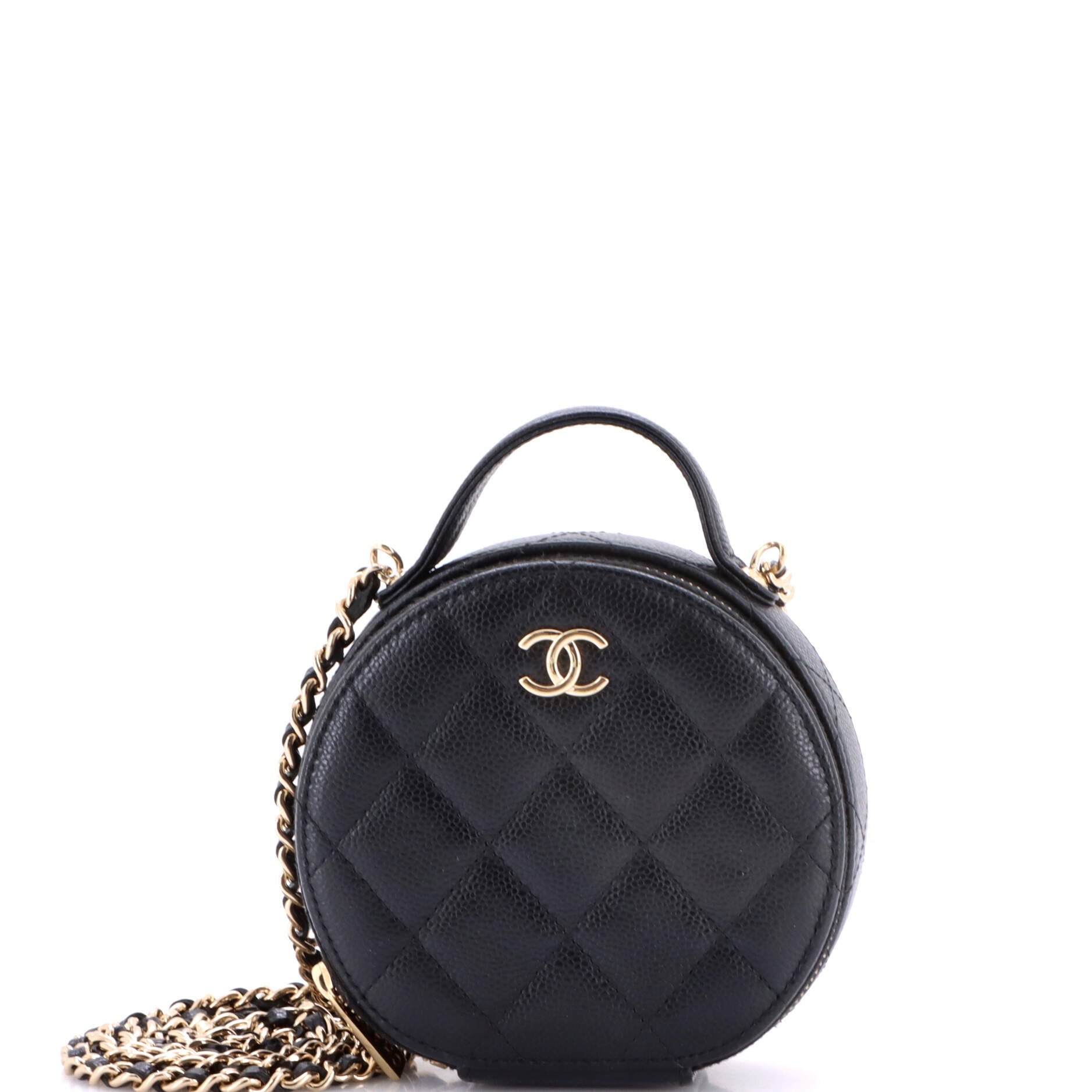 Handle with Care Round Vanity Case with Chain Quilted Caviar Small