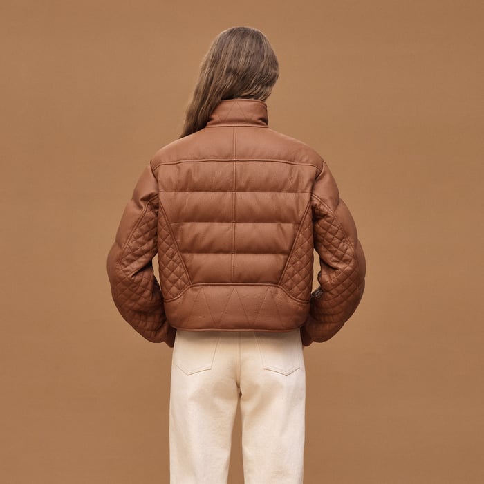Marron Fauve Leather Puffer Coat