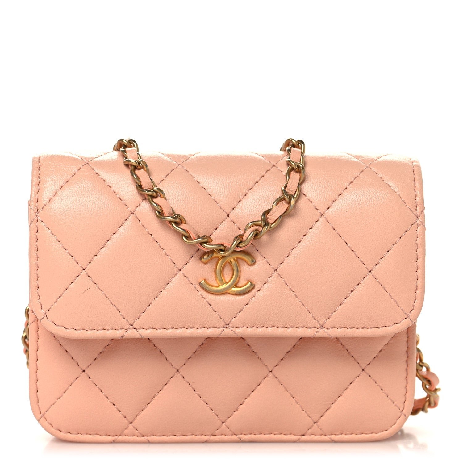 Chanel Lambskin Quilted Pearl Crush Waist Belt With Chain  Pink