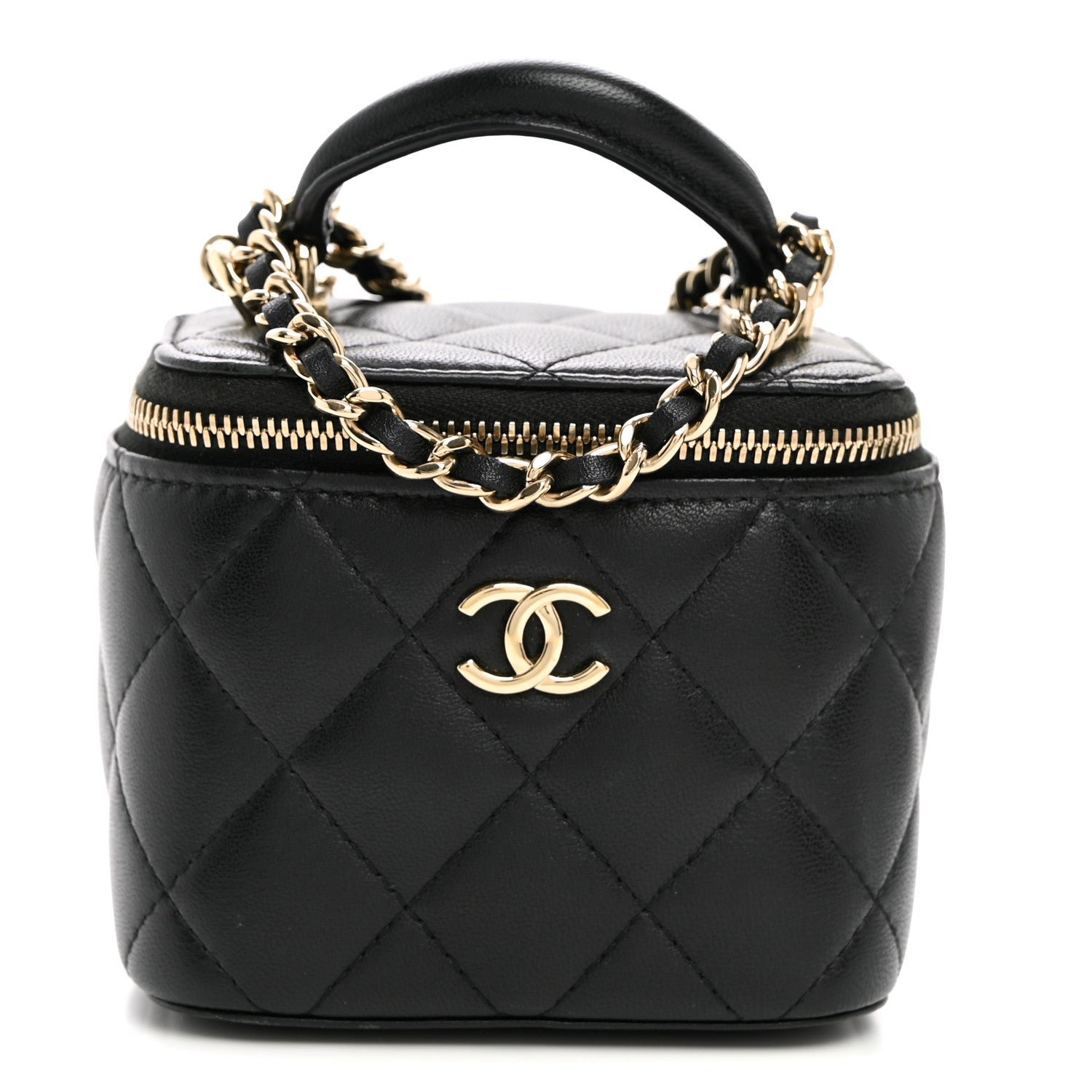 Chanel Lambskin Quilted Top Handle Mini Vanity Case With Chain Black
