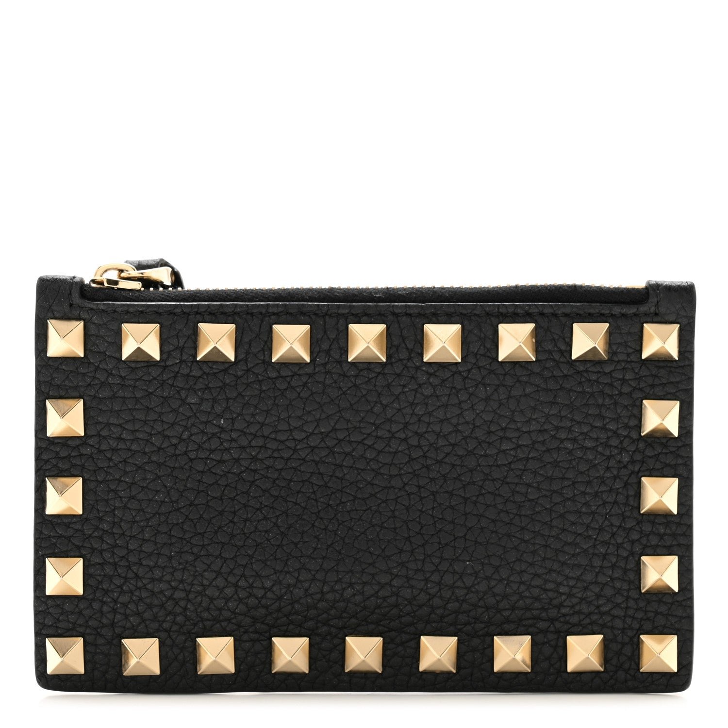 Valentino Garavani VALENTINO GARAVANI Pebbled Calfskin Rockstud Coin Case Card Holder Black