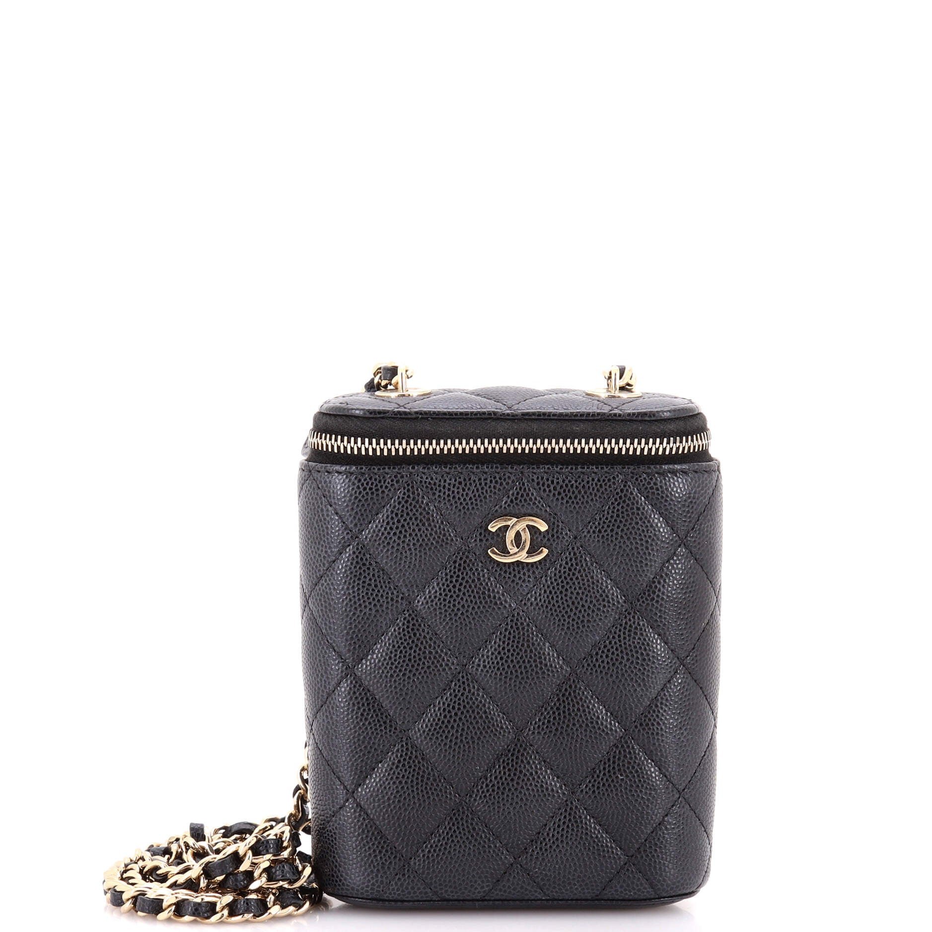 Vertical Classic Vanity Case with Chain Quilted Caviar Small