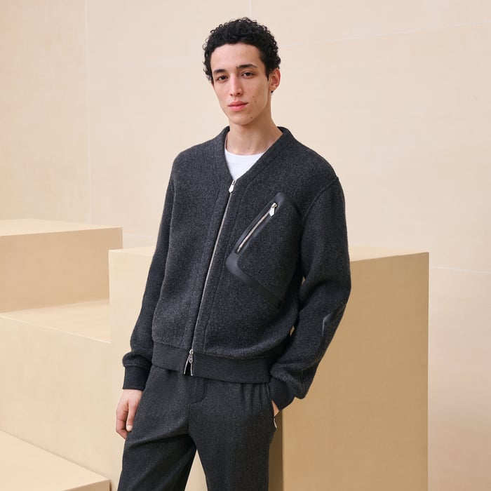 Gris Foncé Zipped Varsity Cardigan With Leather Detail