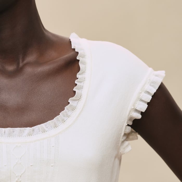 Blanc Naturel Short-sleeve Sweater With Ruffled Details