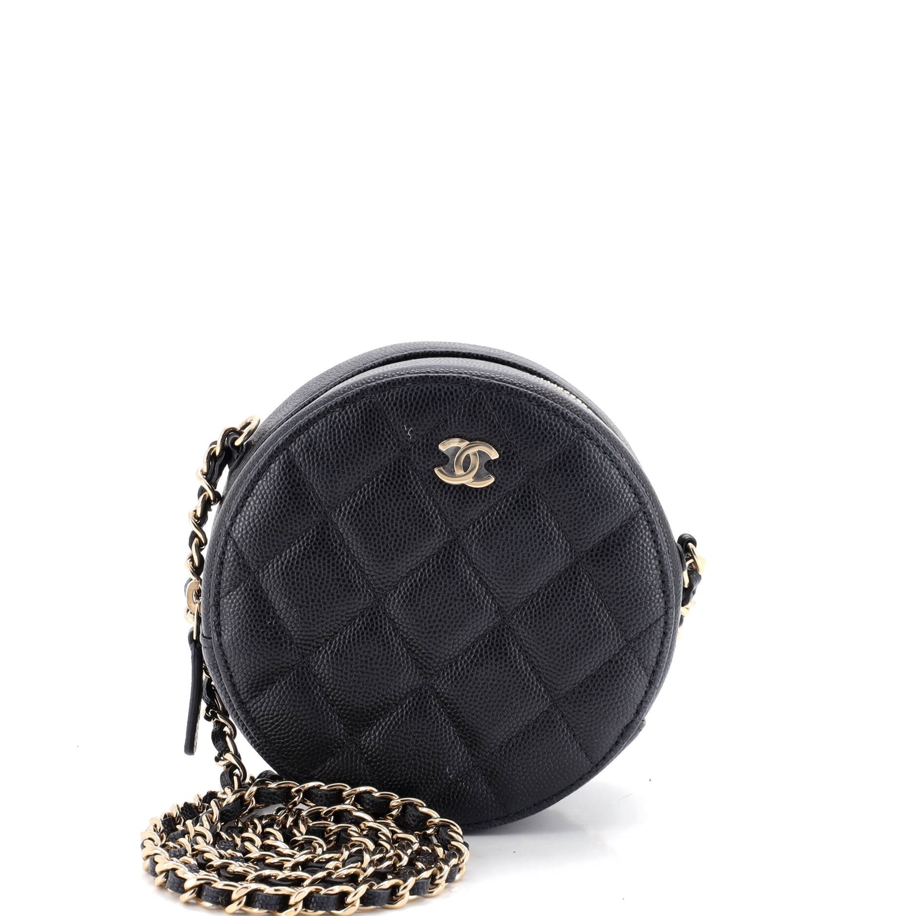 Round Clutch with Chain Quilted Caviar Mini