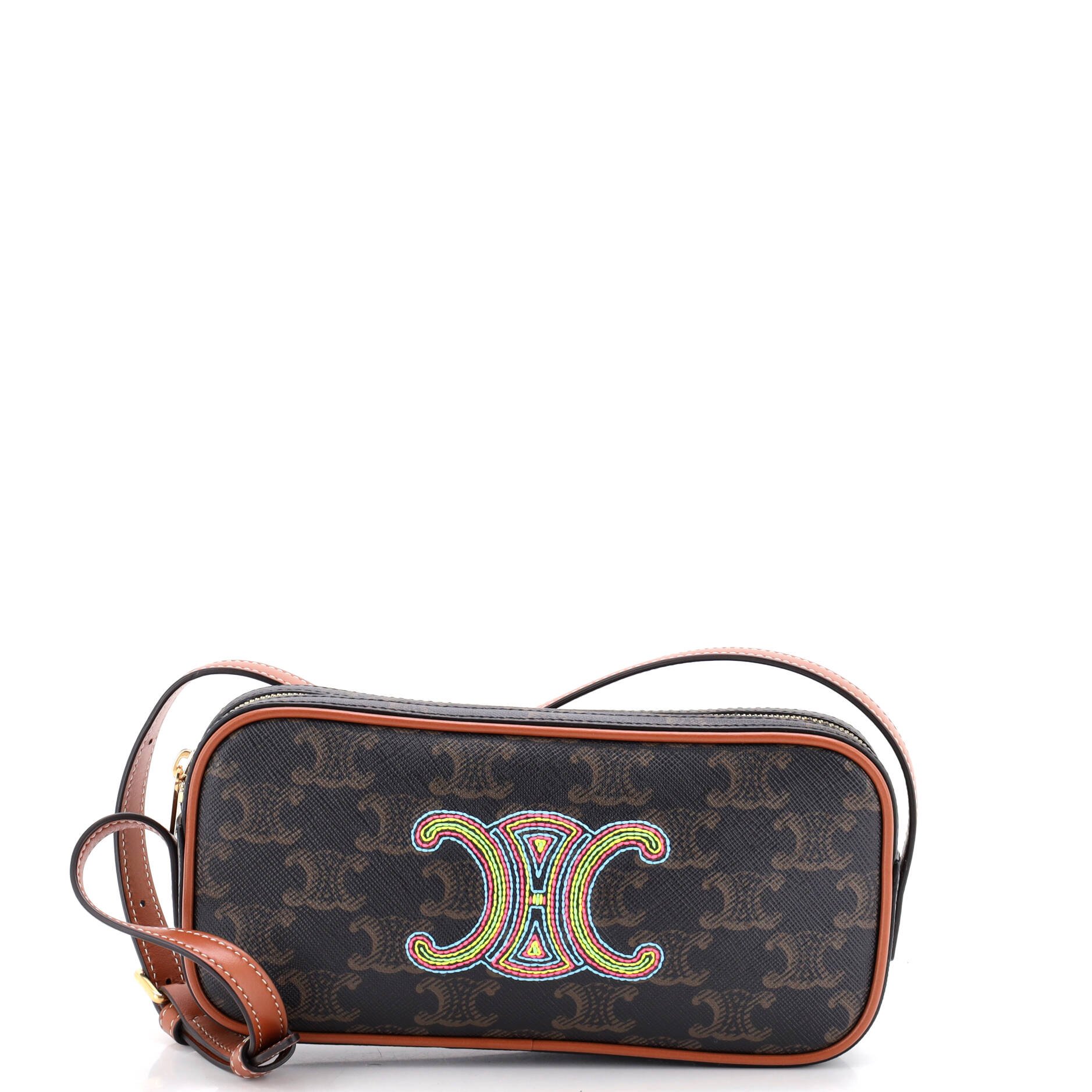 Cuir Triomphe Camera Shoulder Bag Embroidered Triomphe Coated Canvas with Leather Small