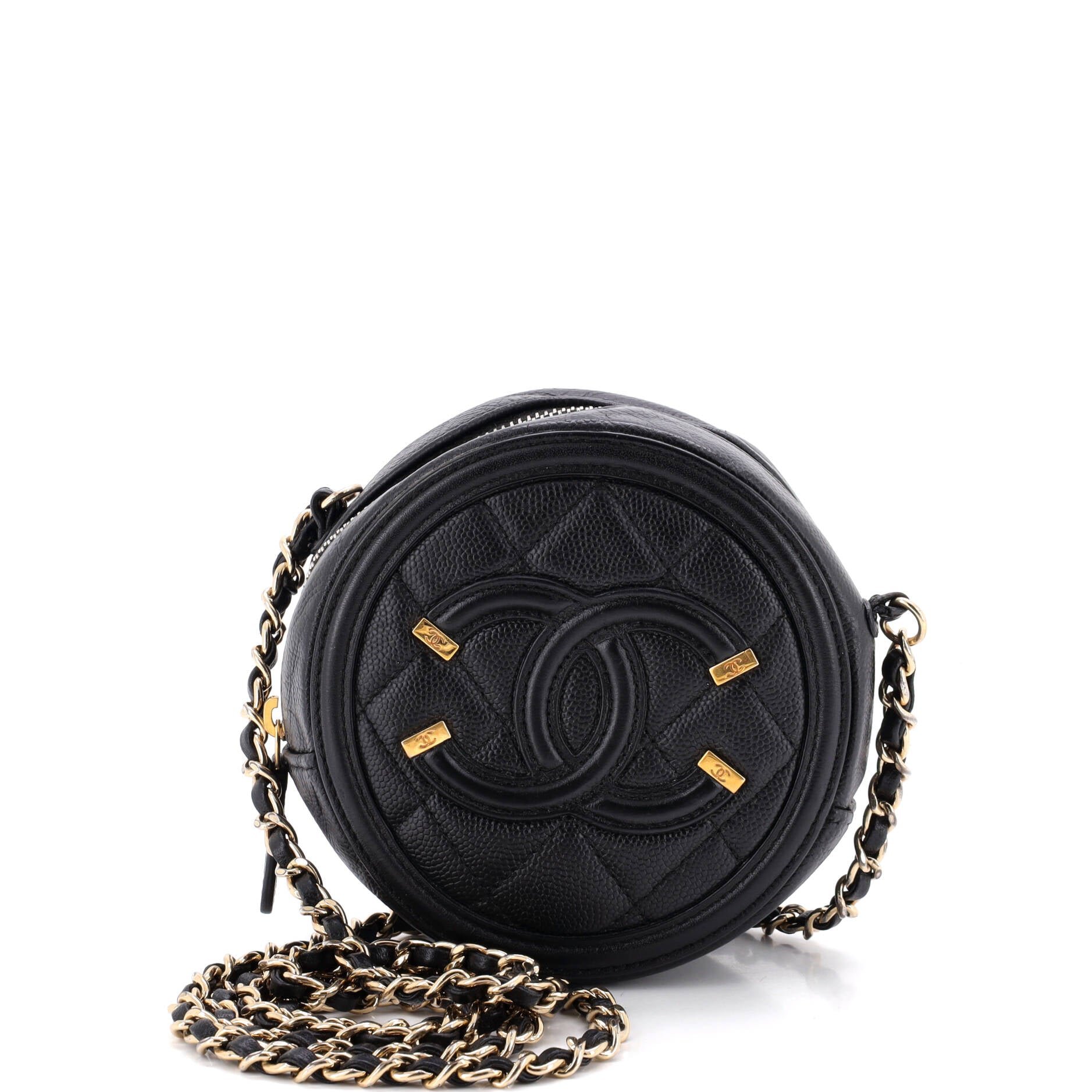 Filigree Round Clutch with Chain Quilted Caviar Mini