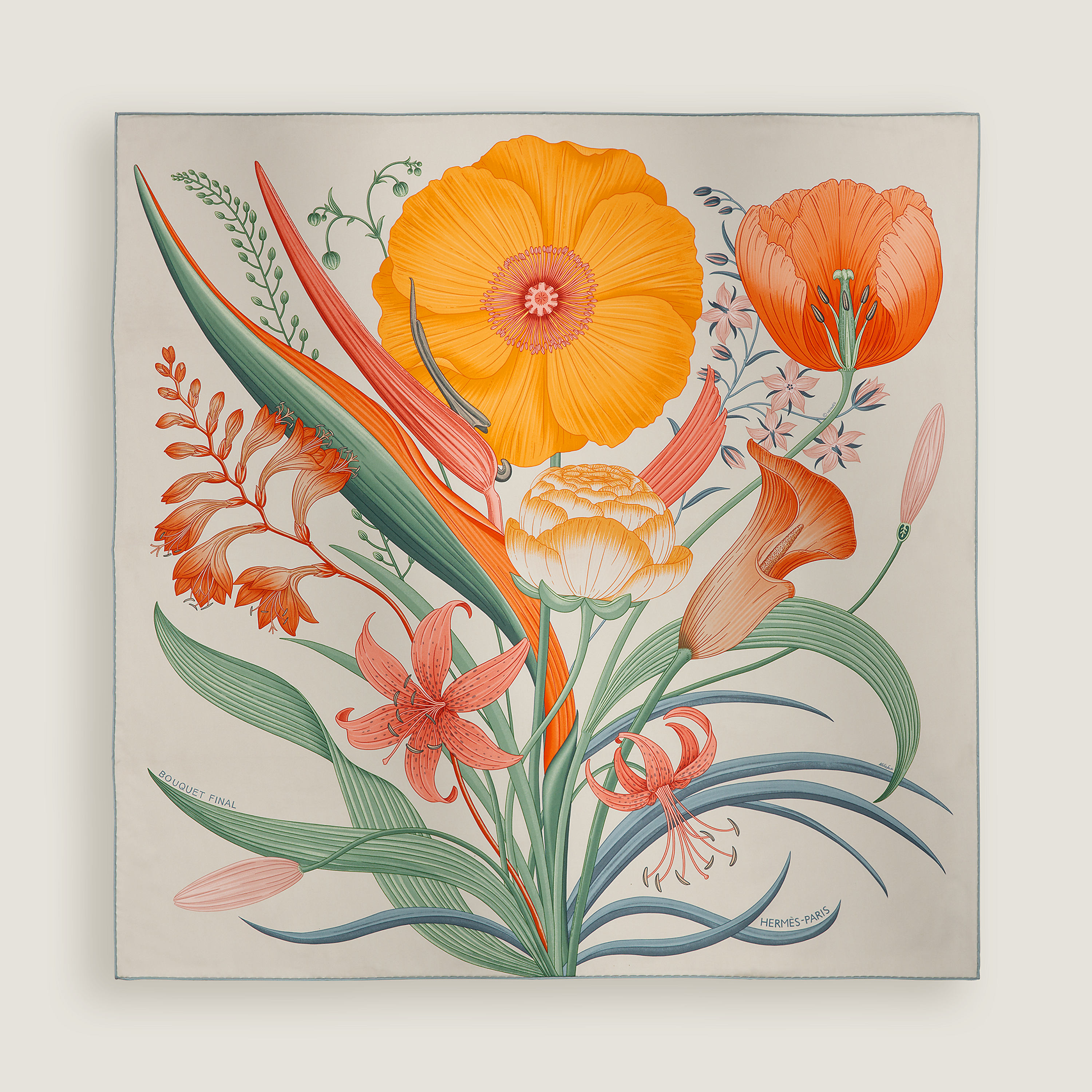 Hermès Bouquet Final scarf 90 Gris Cendre/Orange/Vert | BagUSeek