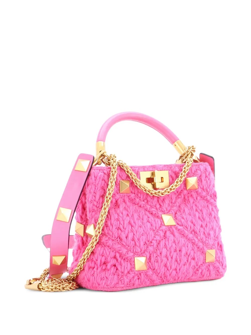 Roman Stud Top Handle Bag Woven Wool with Leather Small satchel