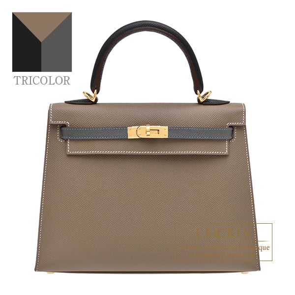 Hermes Kelly Tricolore bag 25 Sellier Etoupe grey/Ardoise/Black Epsom leather Gold hardware