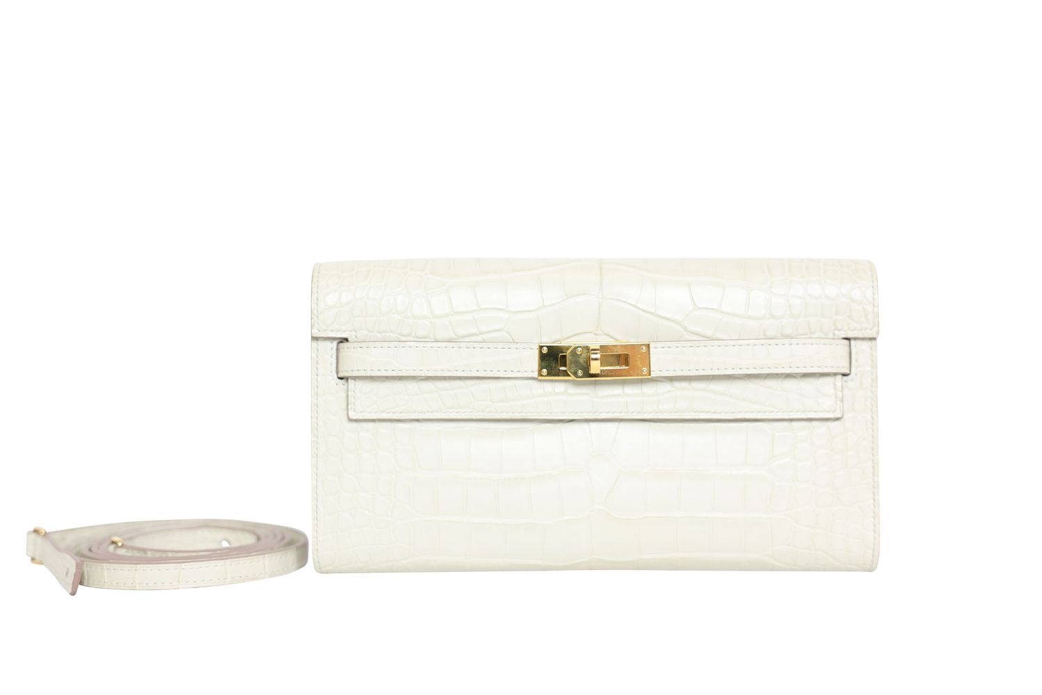 Hermes Kelly Classique to Go Wallet, Beton Ivory White Matte Crocodile with Gold Hardware, K 2025 Stamp, Preowned in Box WA001