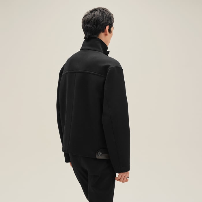 Noir Straight Cut Jacket With Leather Detail