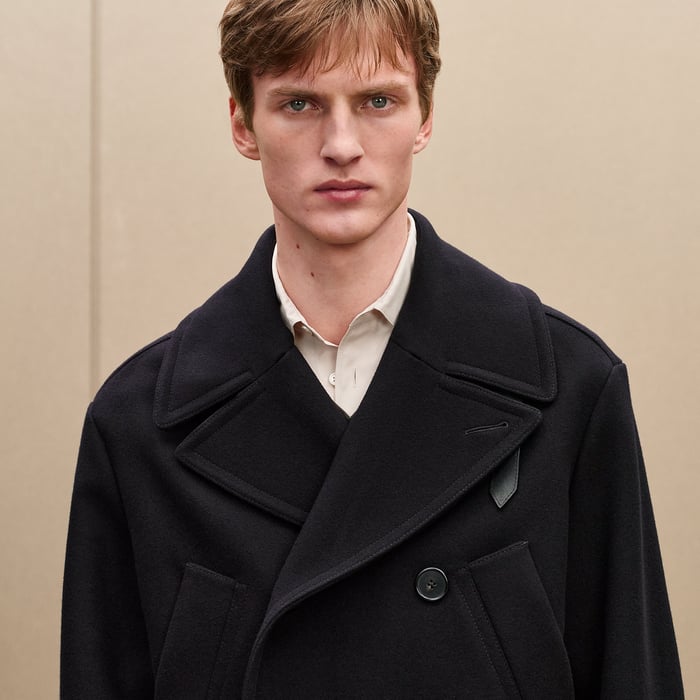 Marine Cashmere Pea Coat With Leather Details
