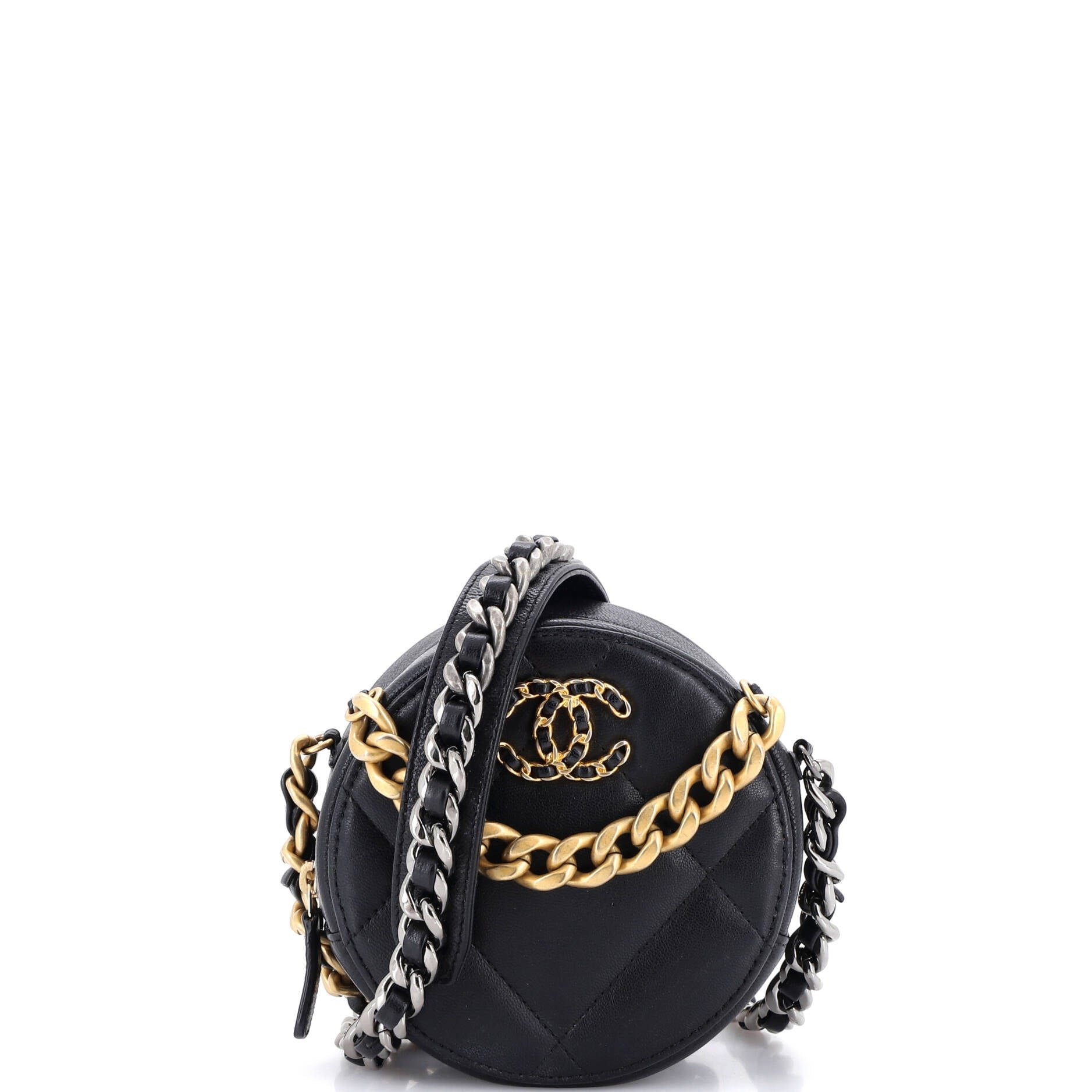 19 Round Clutch with Chain Quilted Leather