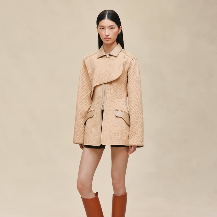 Beige Cajou Short Coat With Leather Details