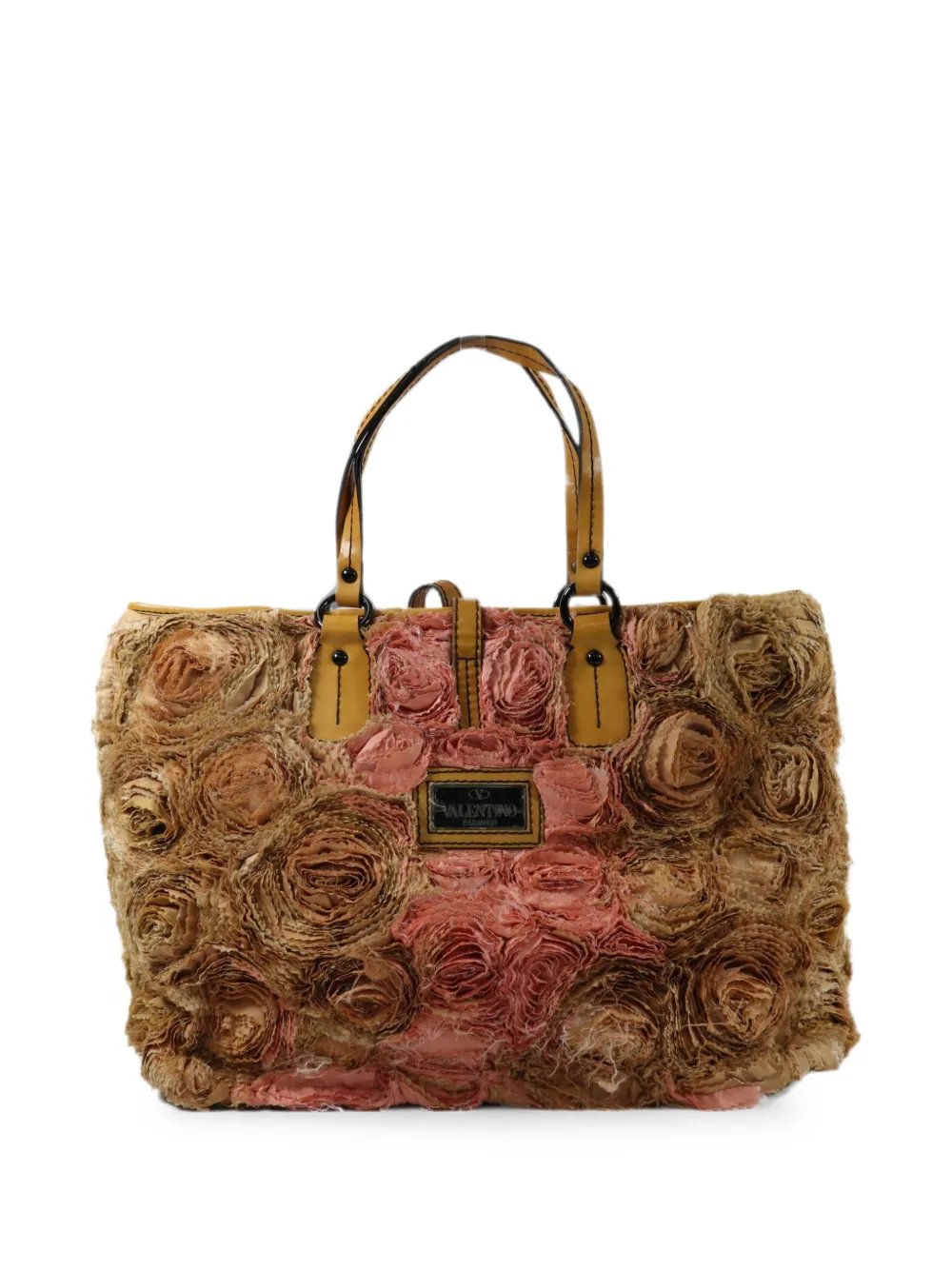 floral-appliqué leather-trim tote bag