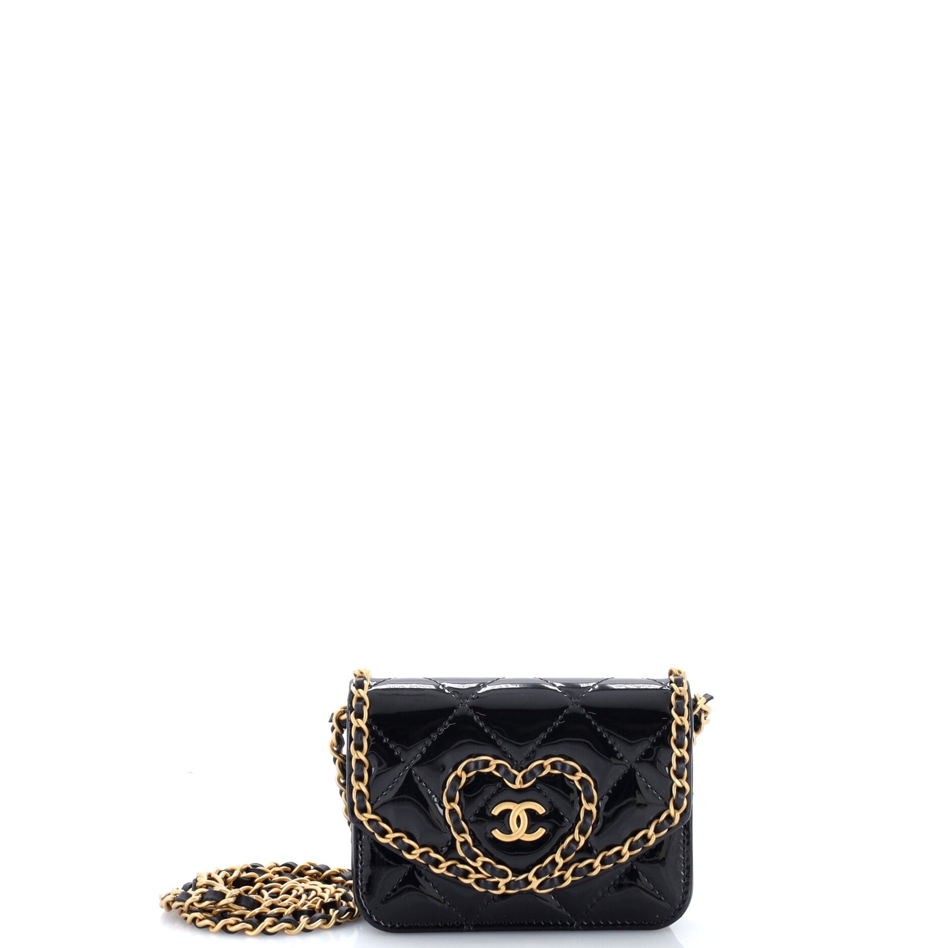 Heart Chain Flap Bag Quilted Patent Mini