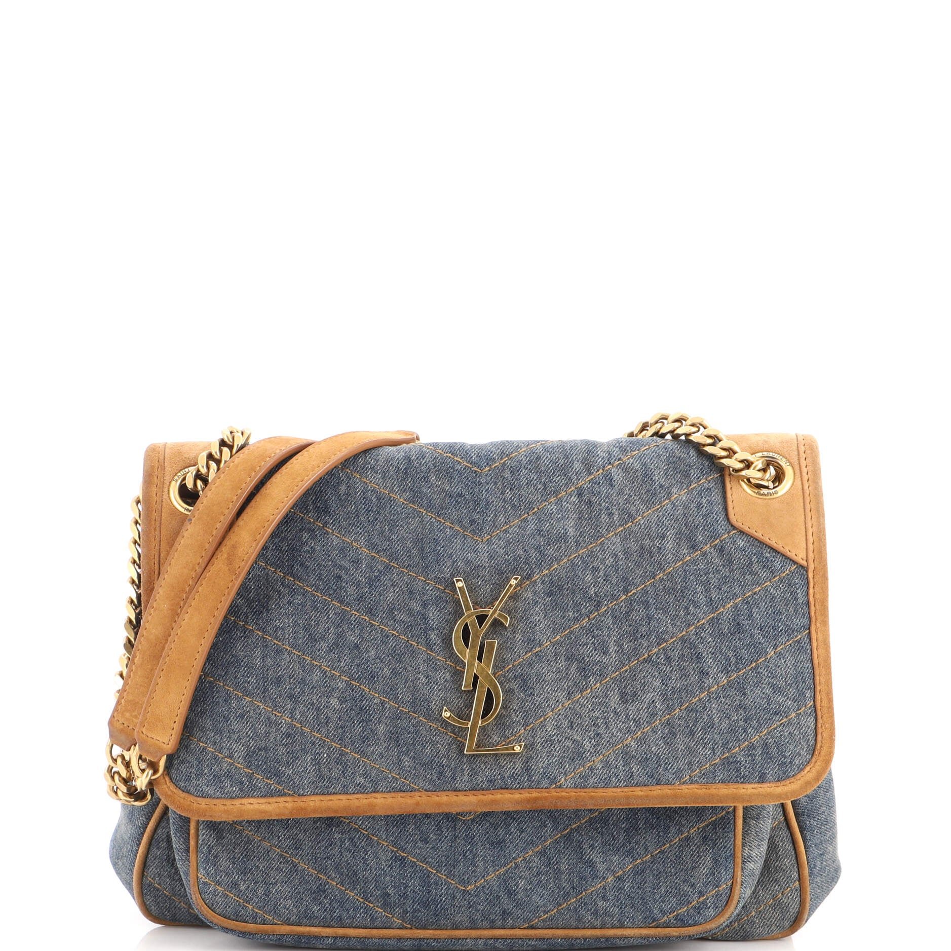 Niki Chain Flap Bag Matelasse Chevron Denim with Suede Medium