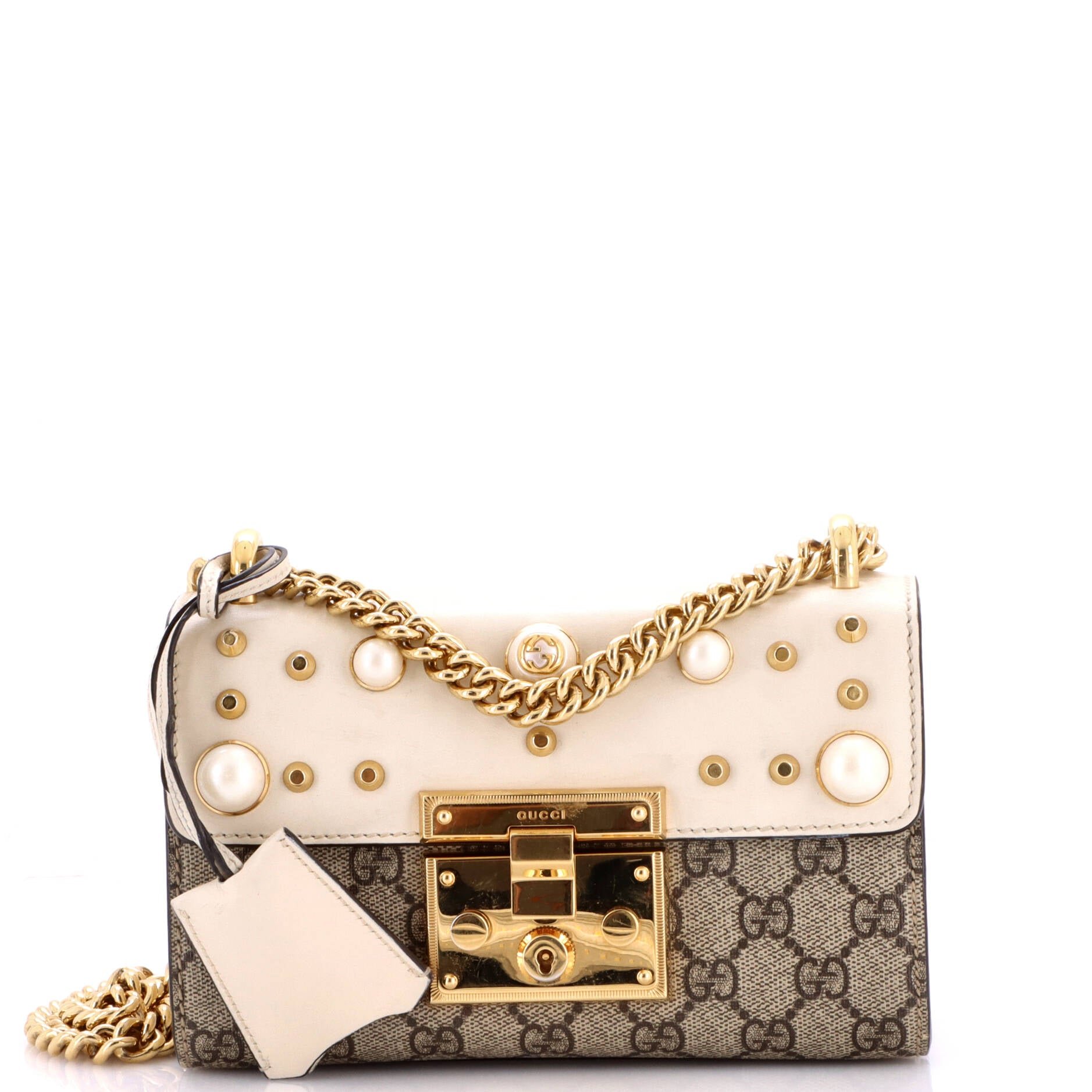 Pearly Padlock Shoulder Bag GG Coated Canvas with Studded Leather Small