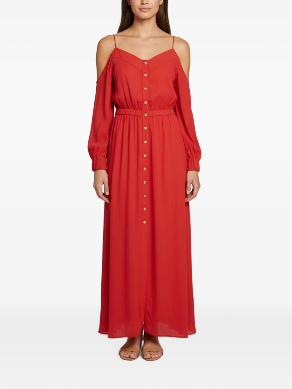 Balmain crinkle-finish off-shoulder maxi dress