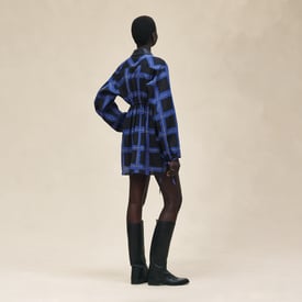 "Carreaux a Main Levee" mixed leather details drawstring shirt