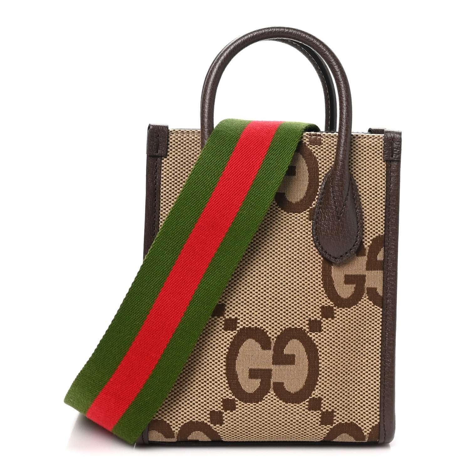Gucci Monogram Jumbo GG Textured Dollar Calfskin Web Mini Vertical Tote Camel Ebony New Acero