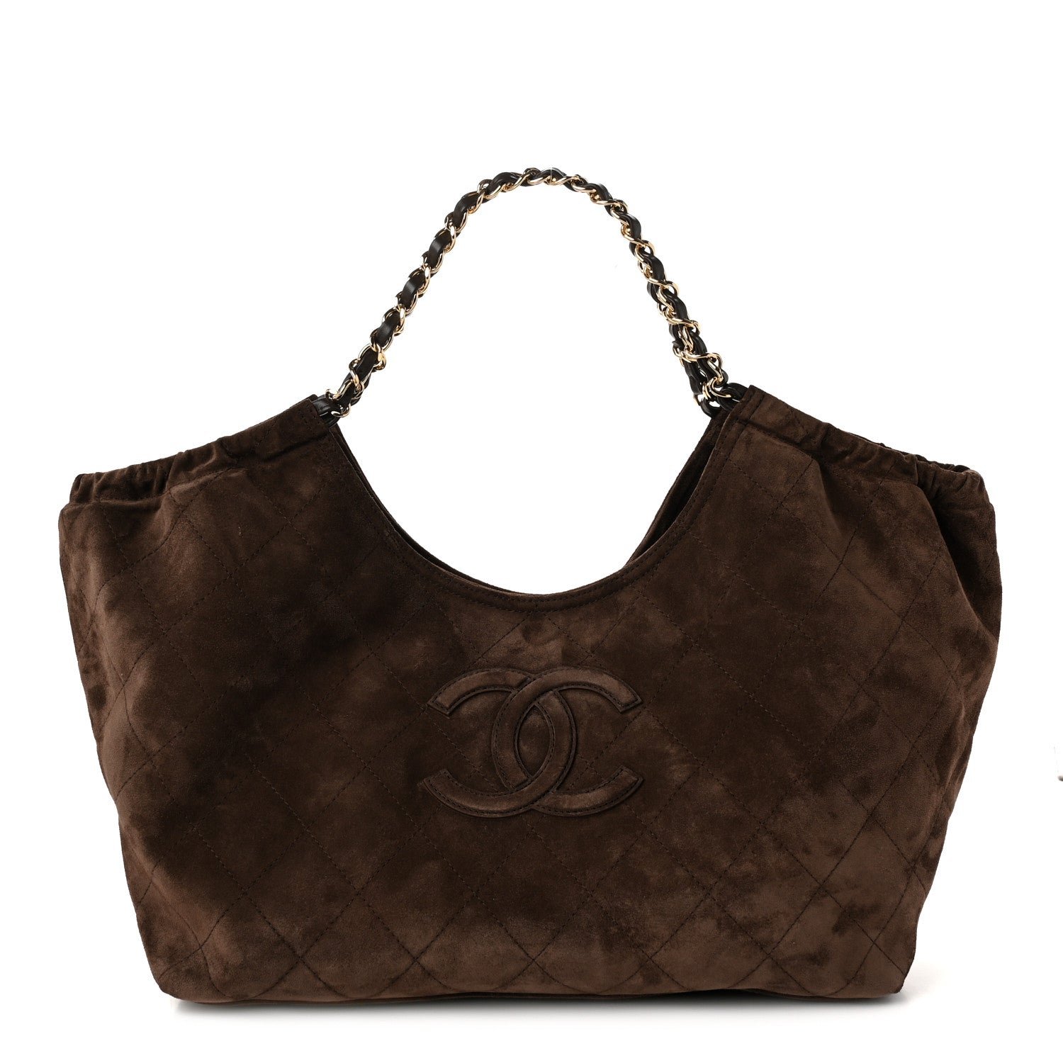 Chanel Suede Quilted Neo Cabas Small Shopping Tote Dark Brown