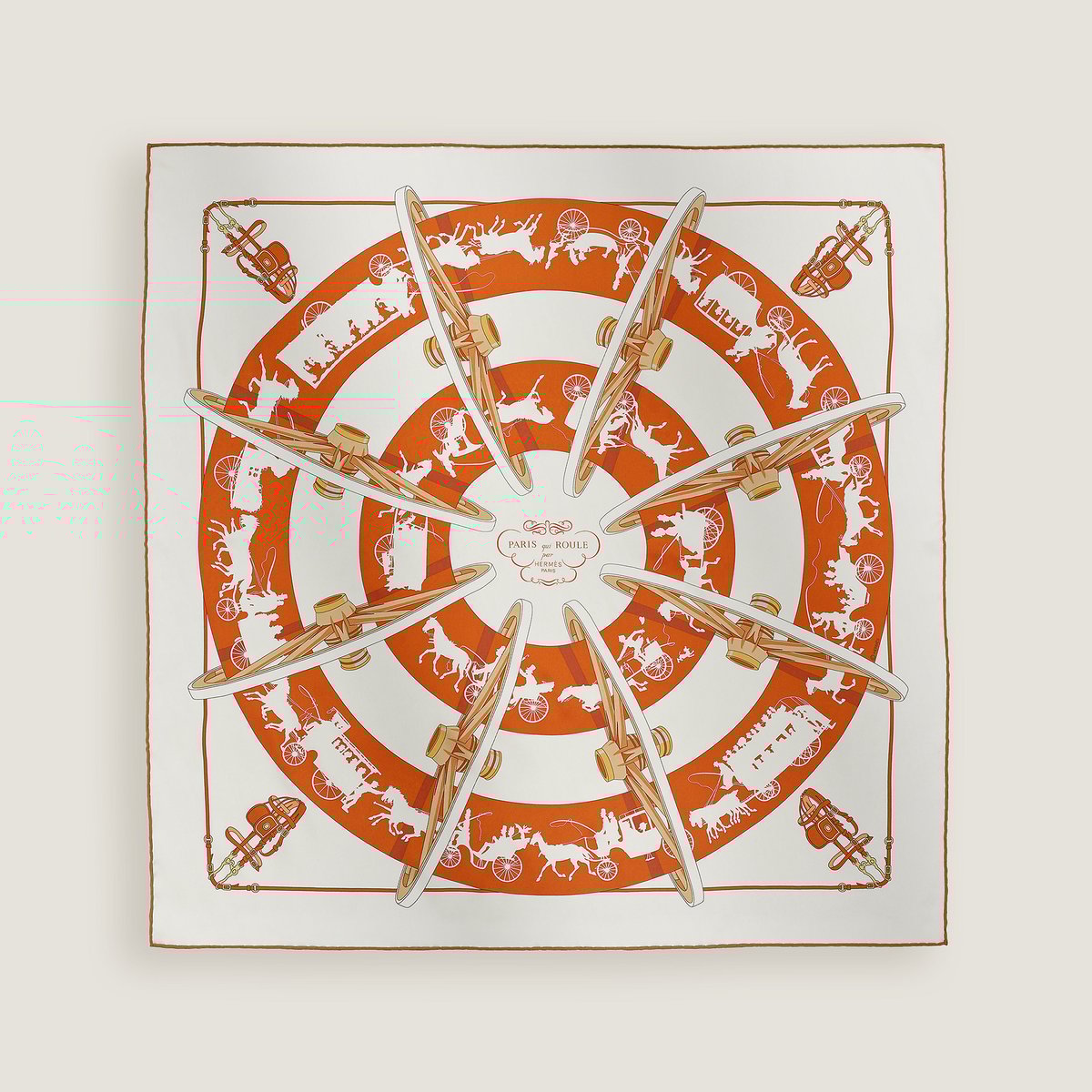 Hermès カレ 70 《車輪でめぐるパリ》 白/ルイユ/キャラメル | BagUSeek