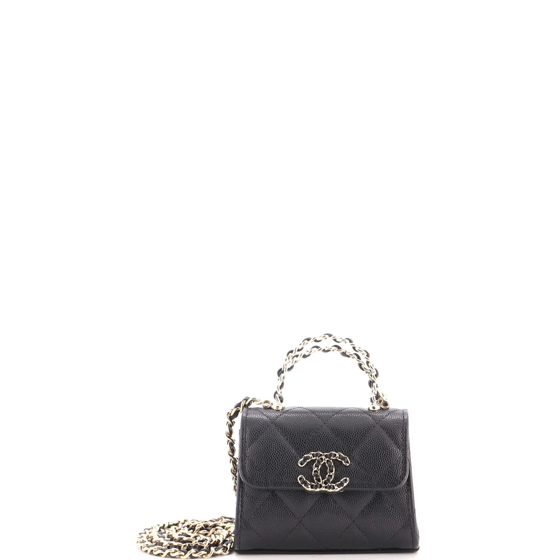 Woven Chain CC Top Handle Flap Clutch with Chain Quilted Caviar Mini
