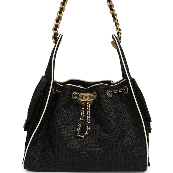 Chanel Small 25 Hobo Bag Black Raffia and White Calfskin Antique Gold Hardware