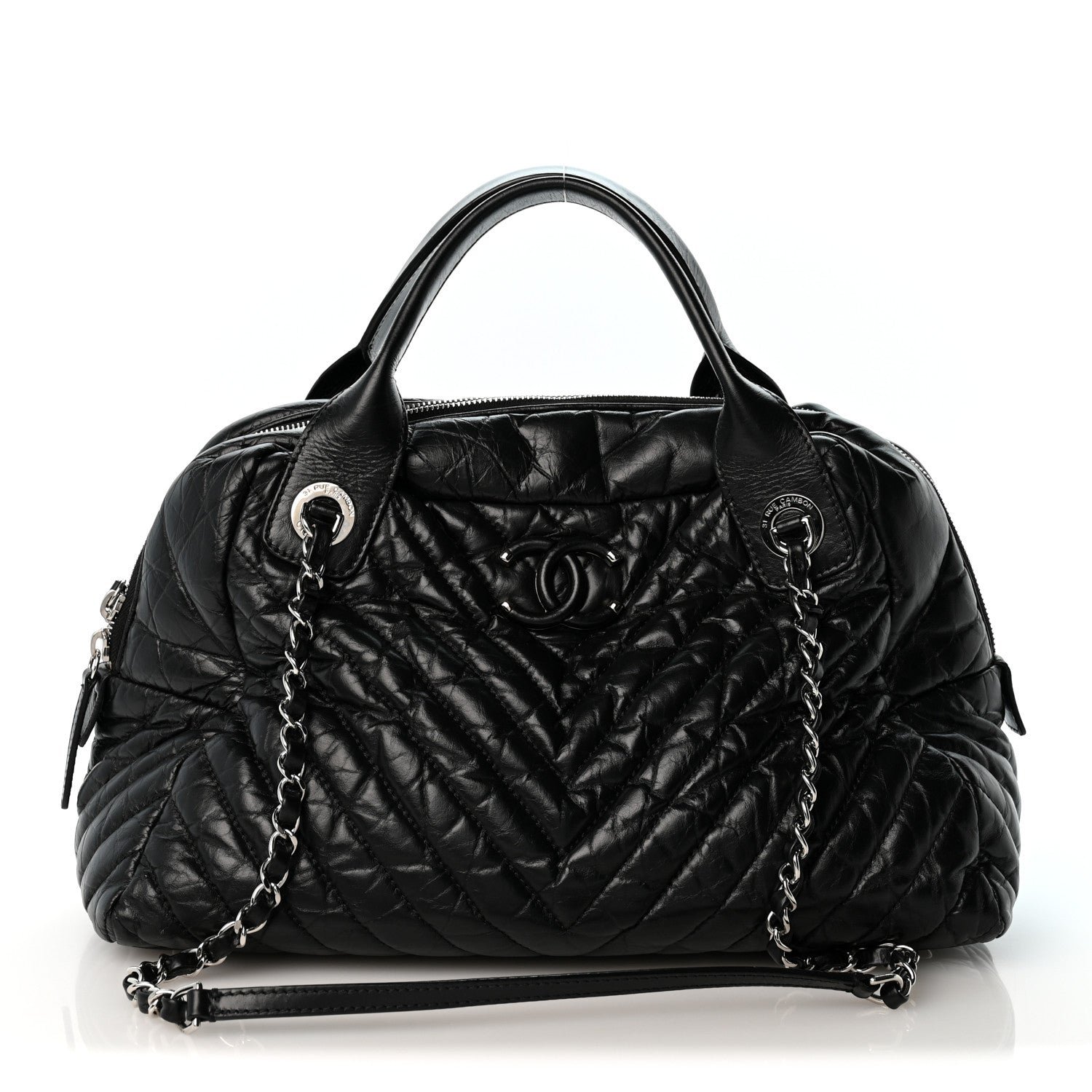 Chanel Aged Calfskin Chevron Medium Soft Bowling Bag Black
