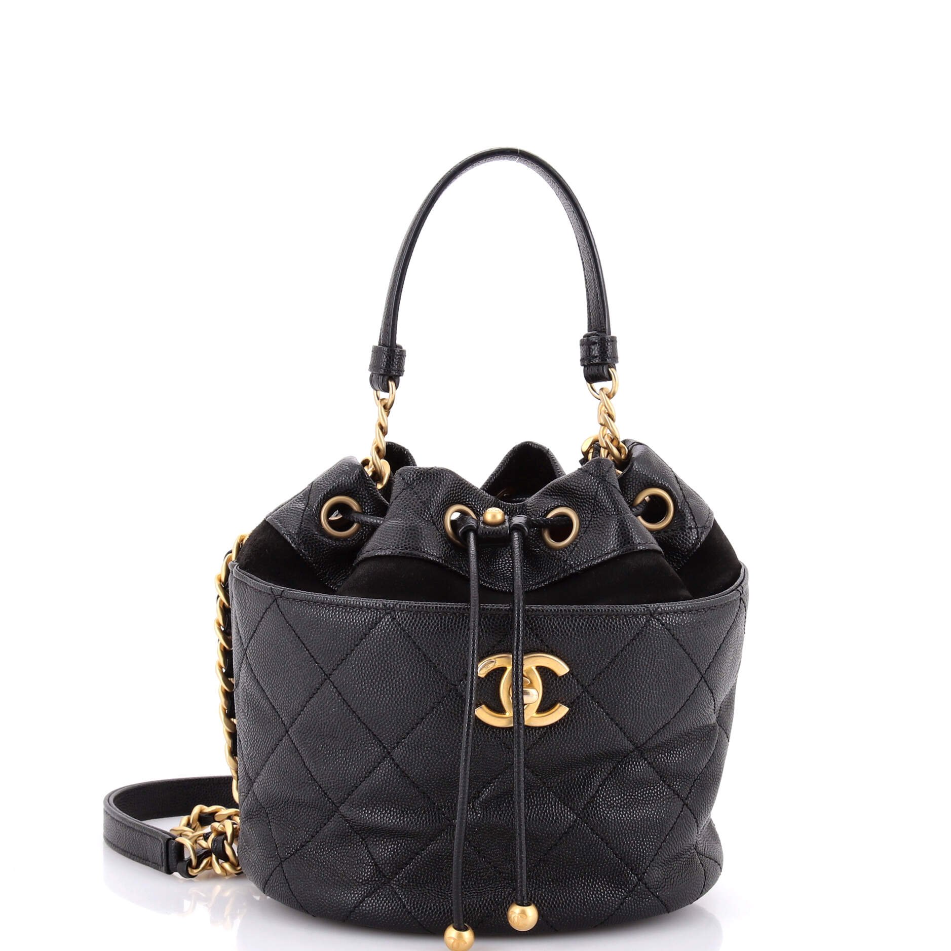 CC Drawstring Bucket Bag Quilted Caviar with Suede Small