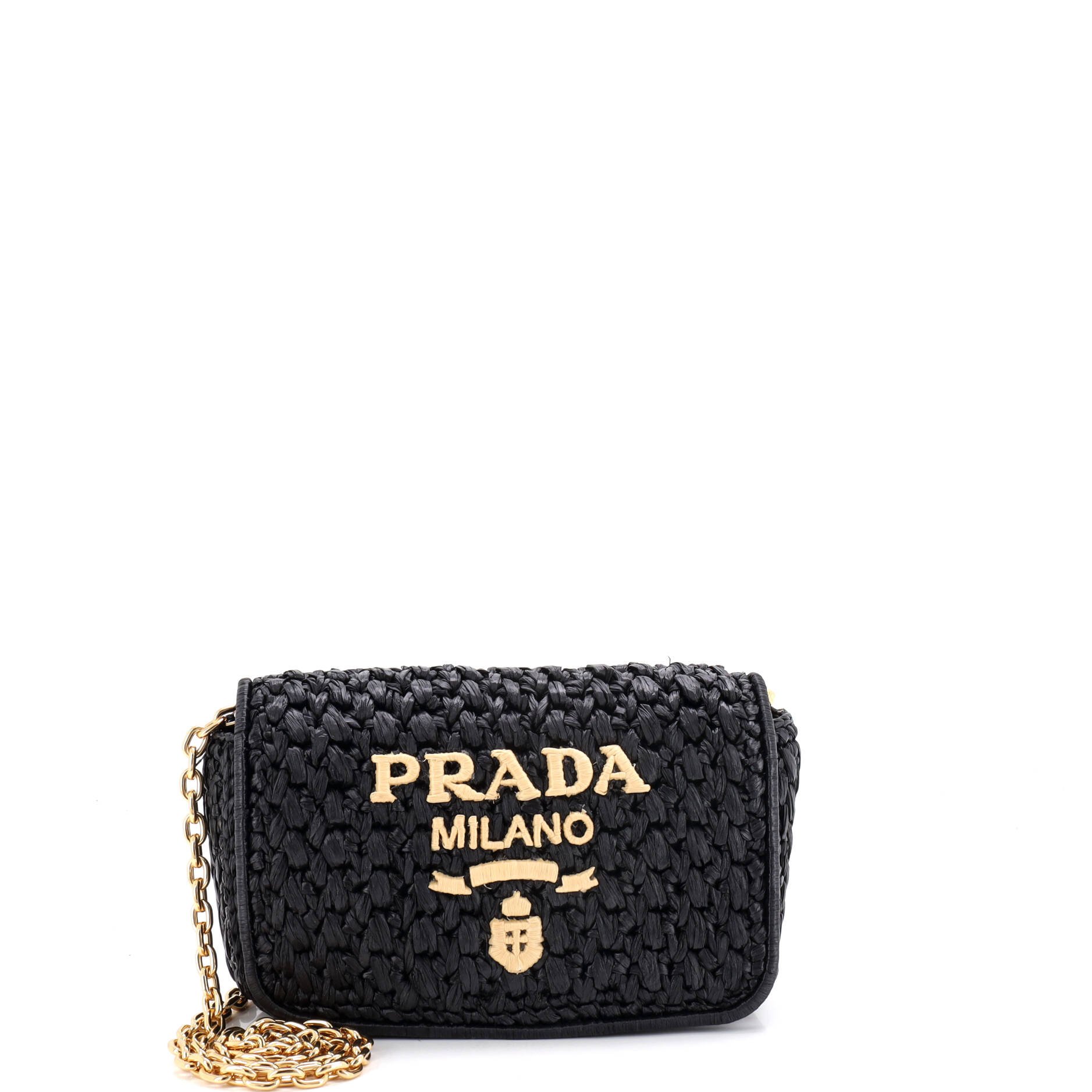 Logo Chain Flap Shoulder Bag Raffia Mini
