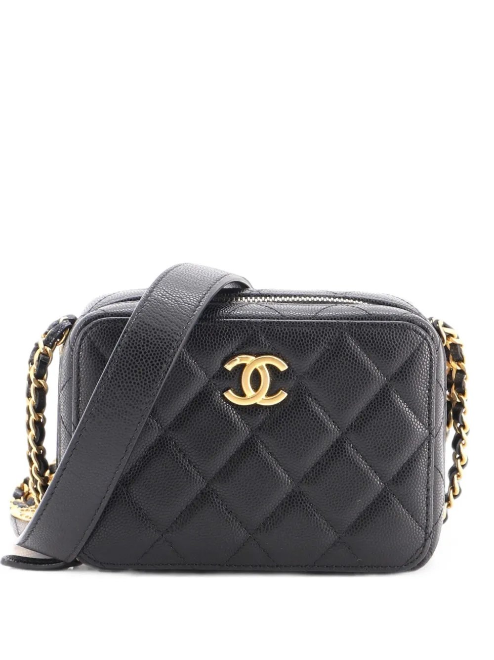 Twist Your Buttons Zip Around Vanity Case with Chain Quilted Caviar clutch bag