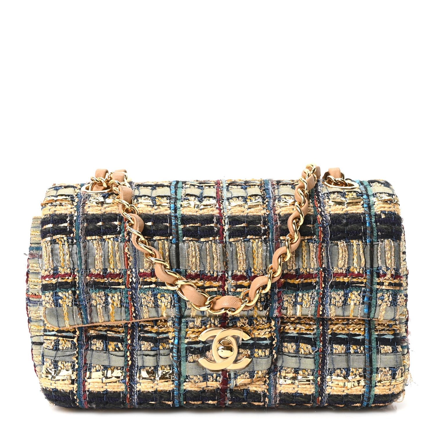 Chanel Tweed Quilted Egyptian Mini Rectangular Flap Green Black