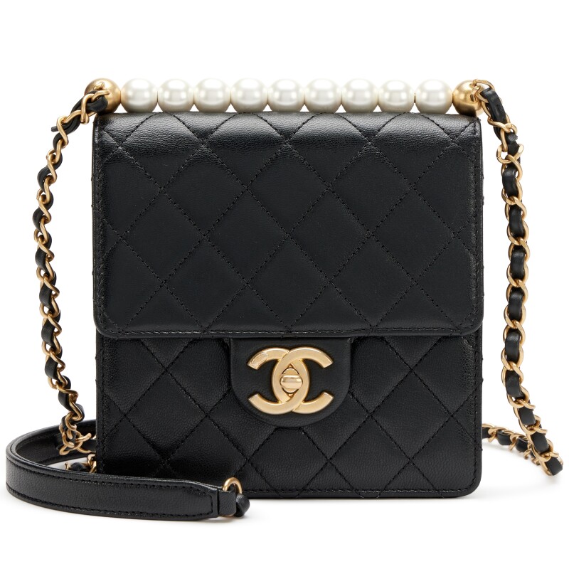 Black Quilted Goatskin Small Chic Pearls North South Flap Bag Aged Gold Hardware, 2020
