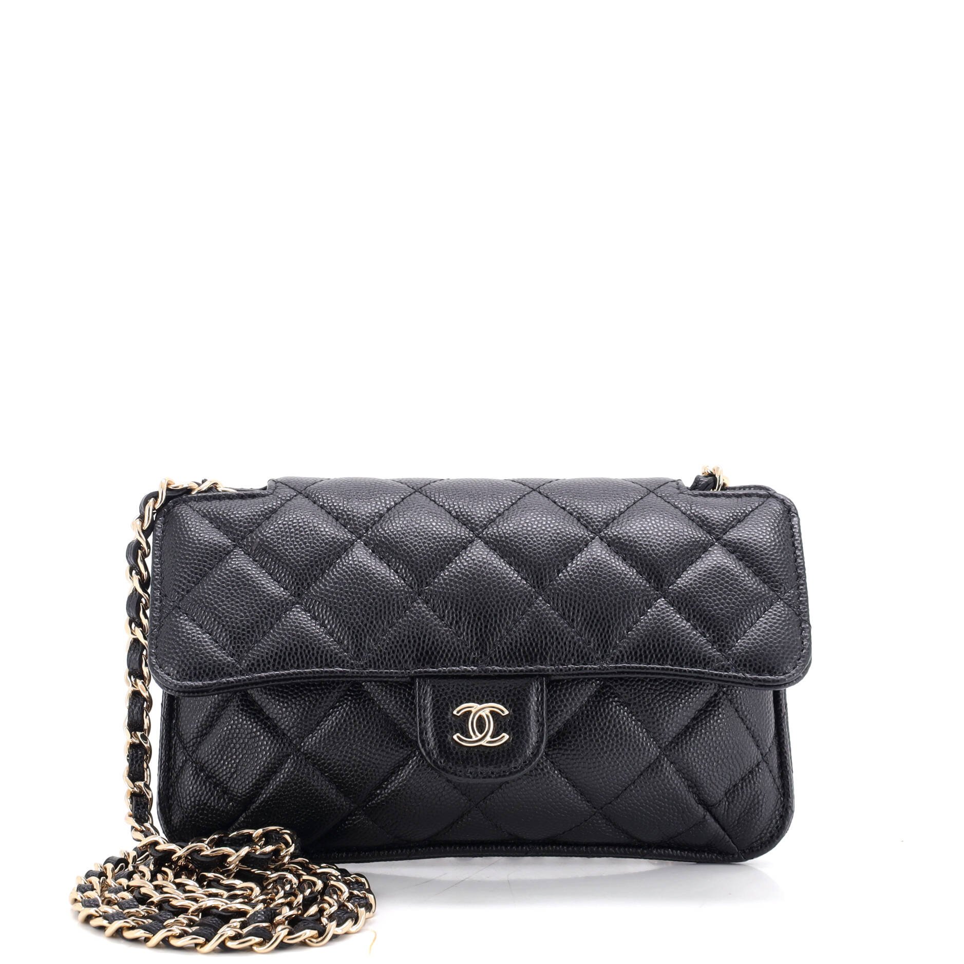Foldable Tote Bag with Chain Quilted Caviar with Printed Nylon