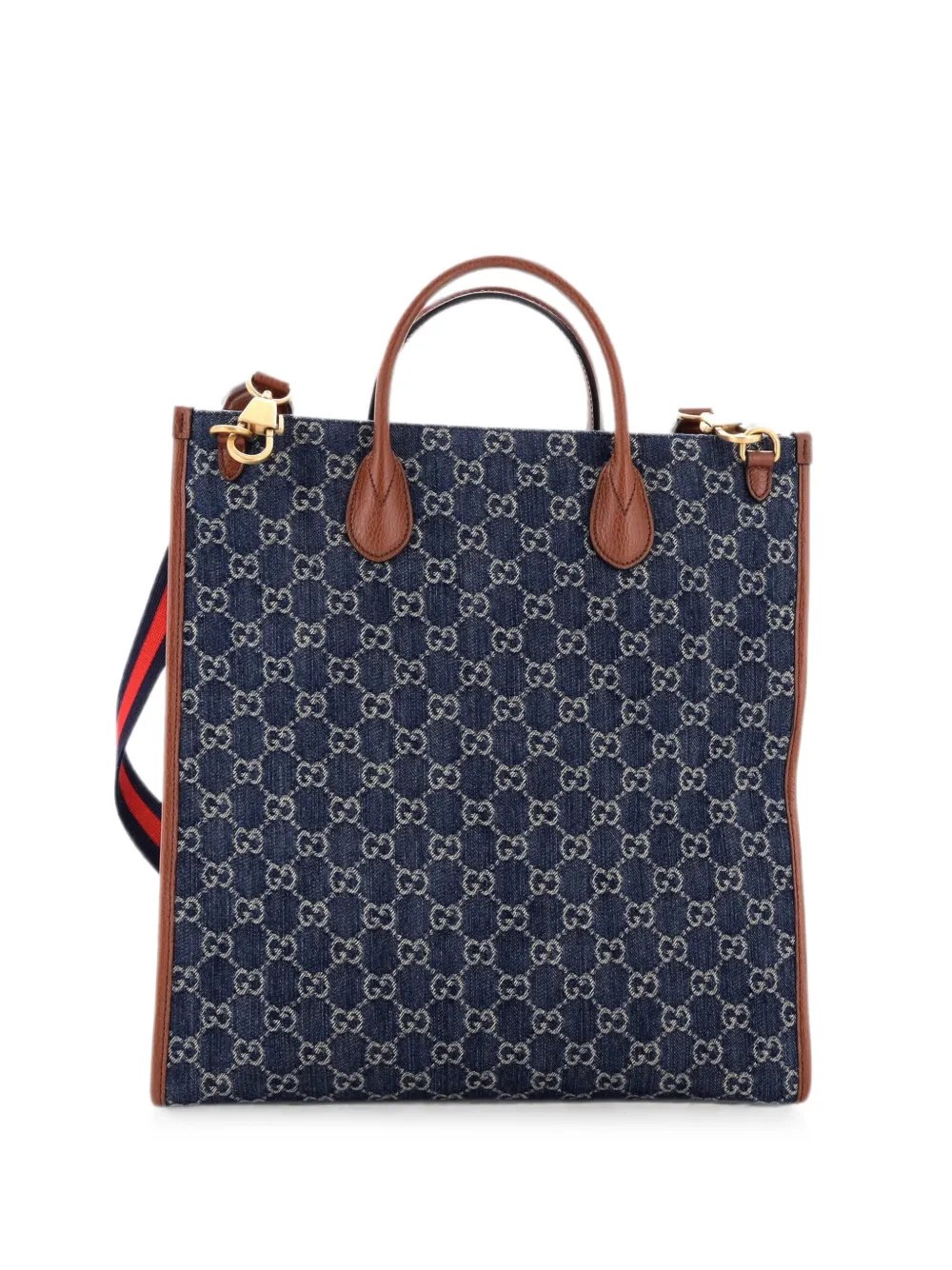 Interlocking G Patch Web Strap Convertible GG Denim Tall tote bag