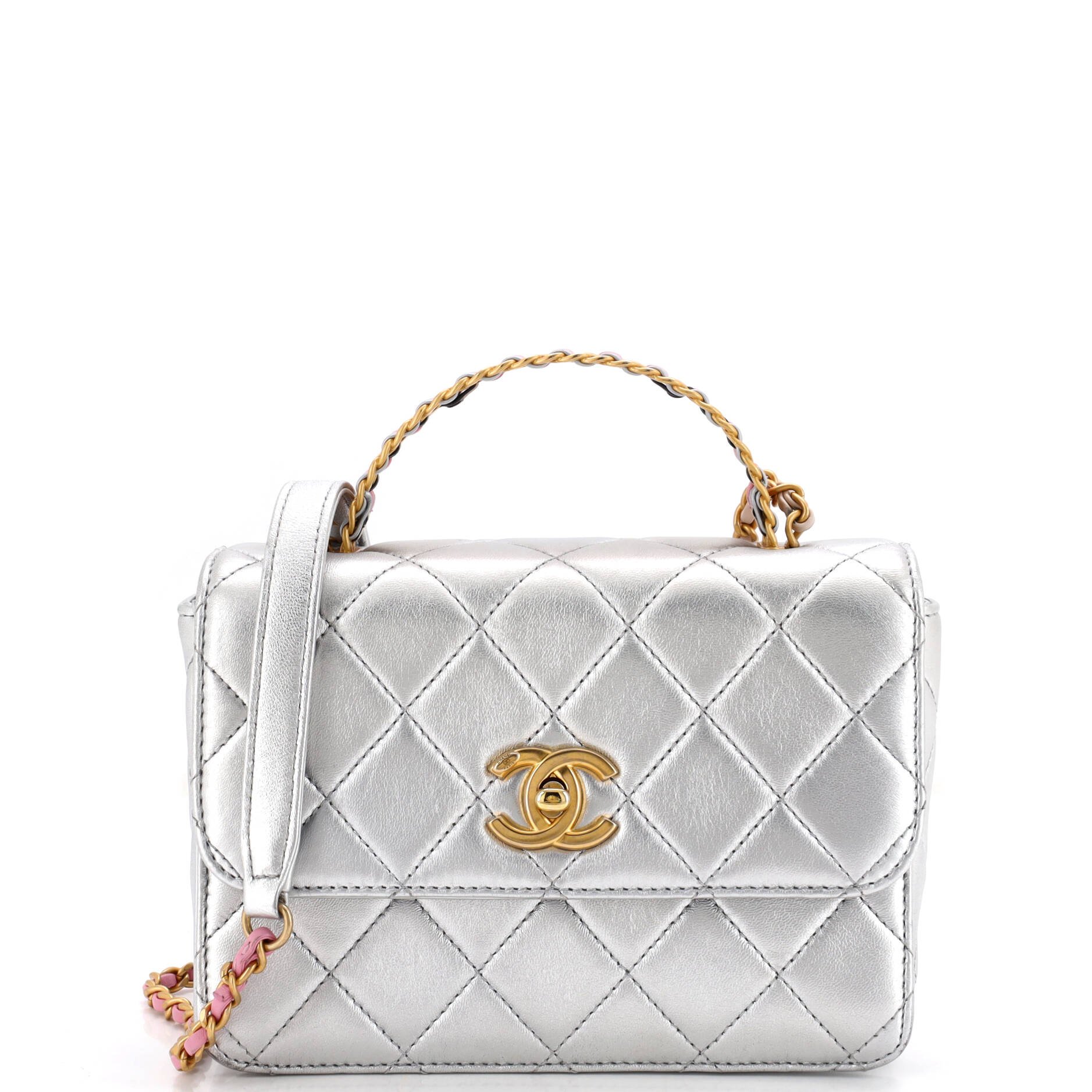 Logo Links Top Handle Flap Bag Quilted Calfskin Mini
