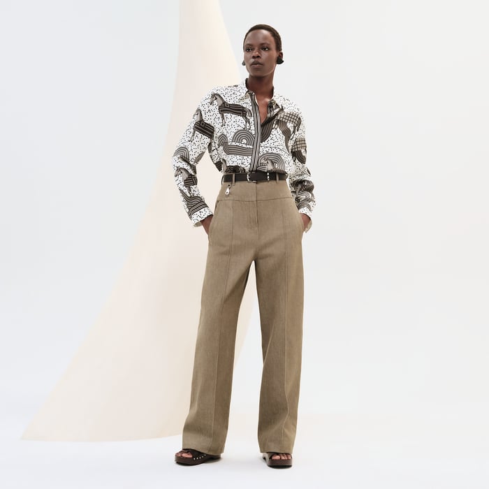 Vert Thé De Rooibos Loose Fit Pants With Leather Detail