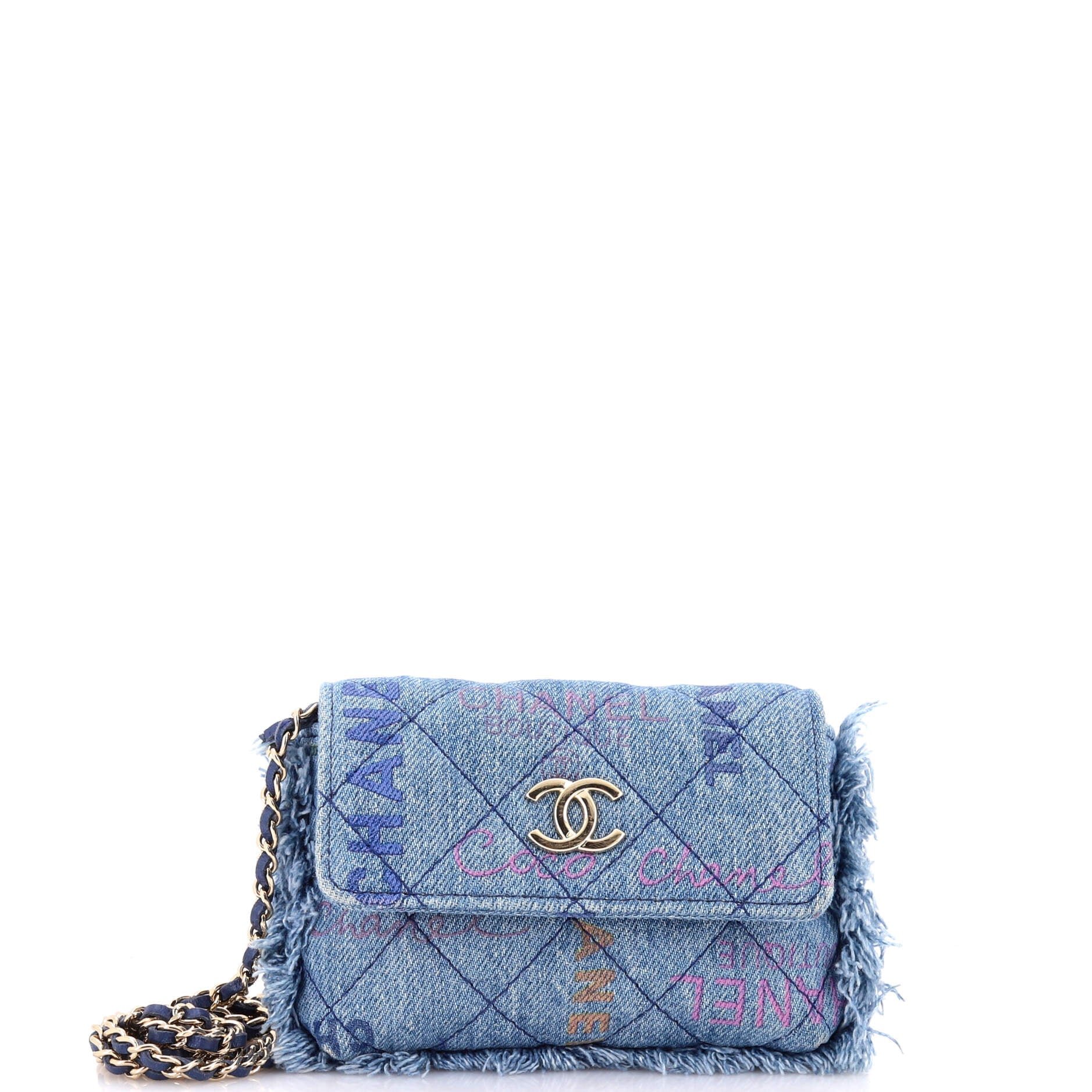 Denim Mood Flap Clutch with Chain Logo Printed Quilted Fringe Denim
