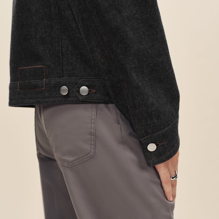Noir Straight Cut Jacket With Leather Detail