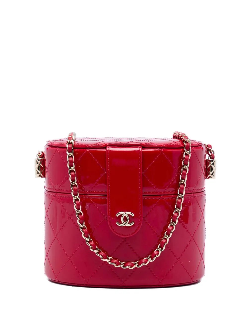2020 CC Quilted Patent Round Vanity Case with Chain crossbody bag