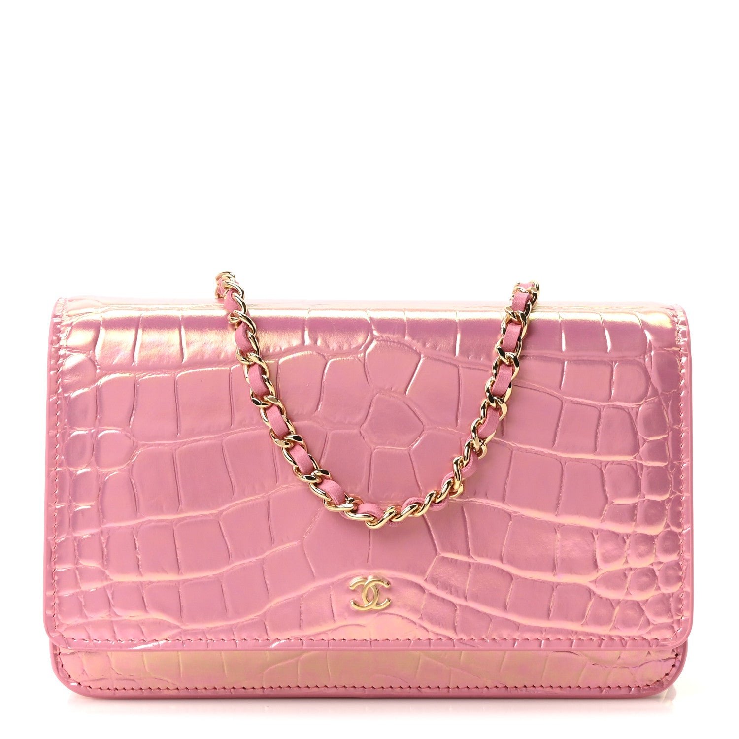 Chanel Iridescent Calfskin Crocodile Embossed Wallet On Chain WOC Pink