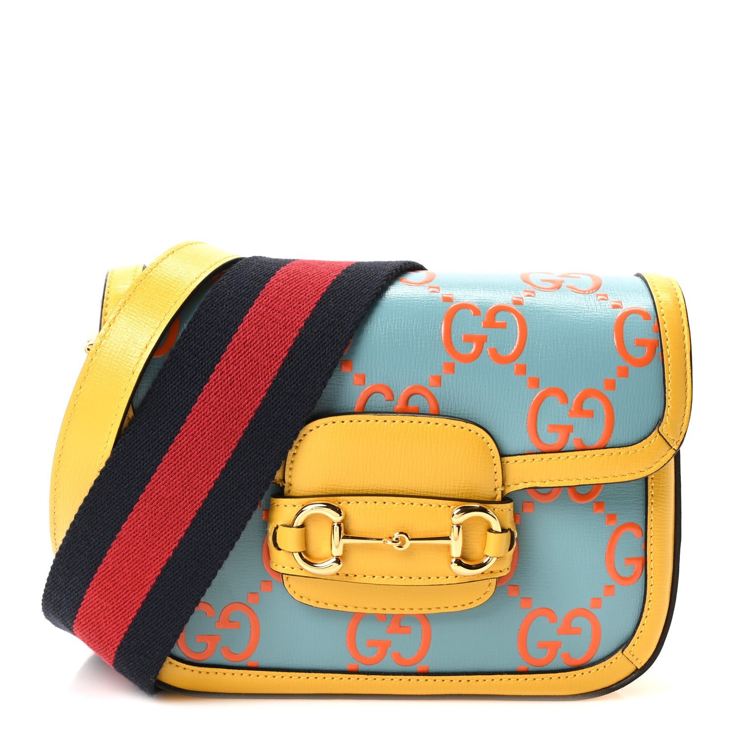 Gucci Azalea Calfskin GG Monogram Bi-Color Debossed Mini Horsebit 1955 Shoulder Bag Dusty Azure Stone Topaz Deep Orange