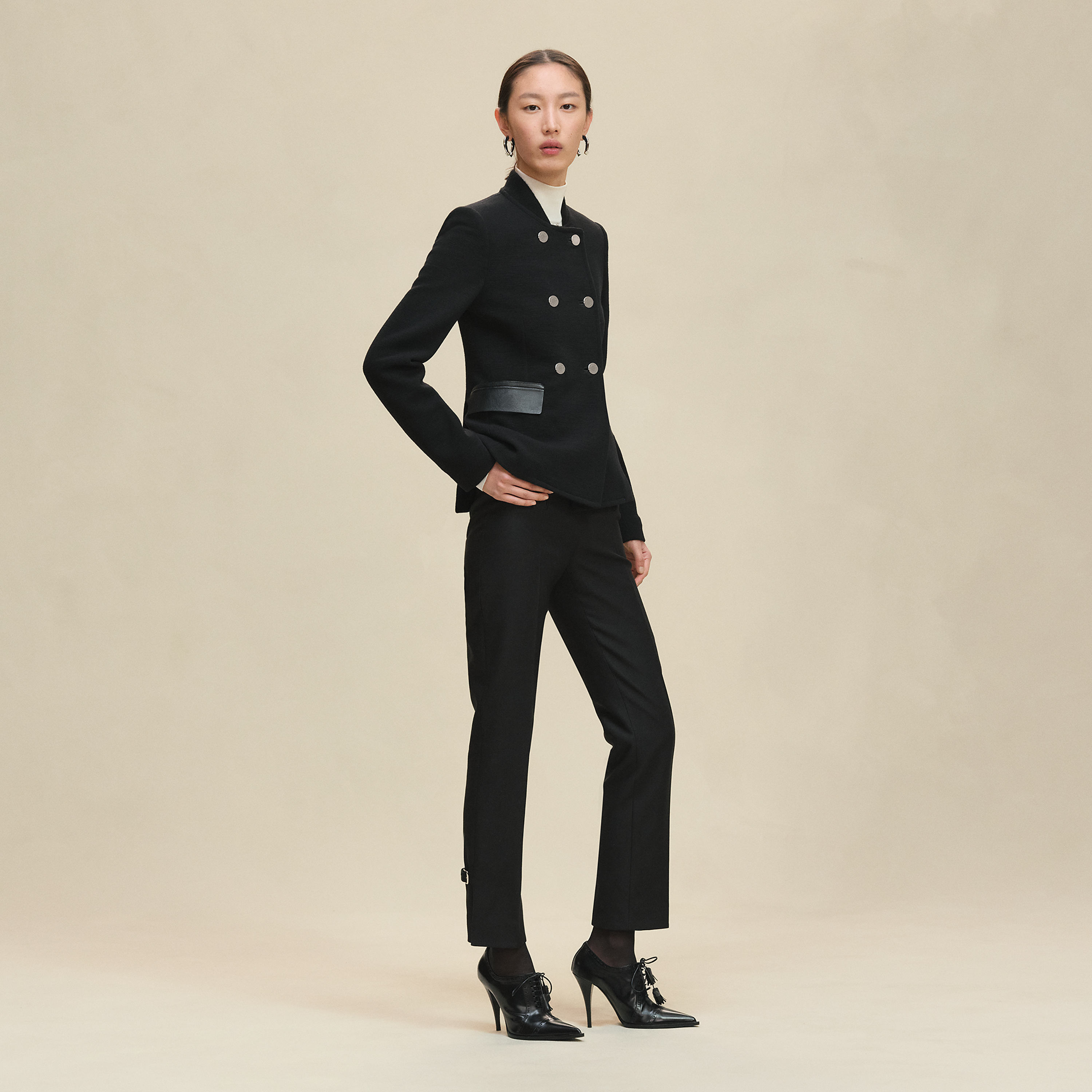 Short pea coat with leather details