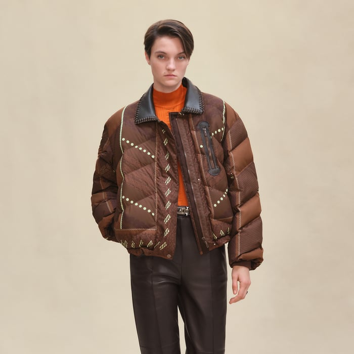 Marron Bois "Dressage Tressage" Mixed Leather Short Puffer Coat