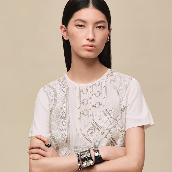 Gris Perle "Aux Champs En Fleurs Raye" Short-sleeve Sweater