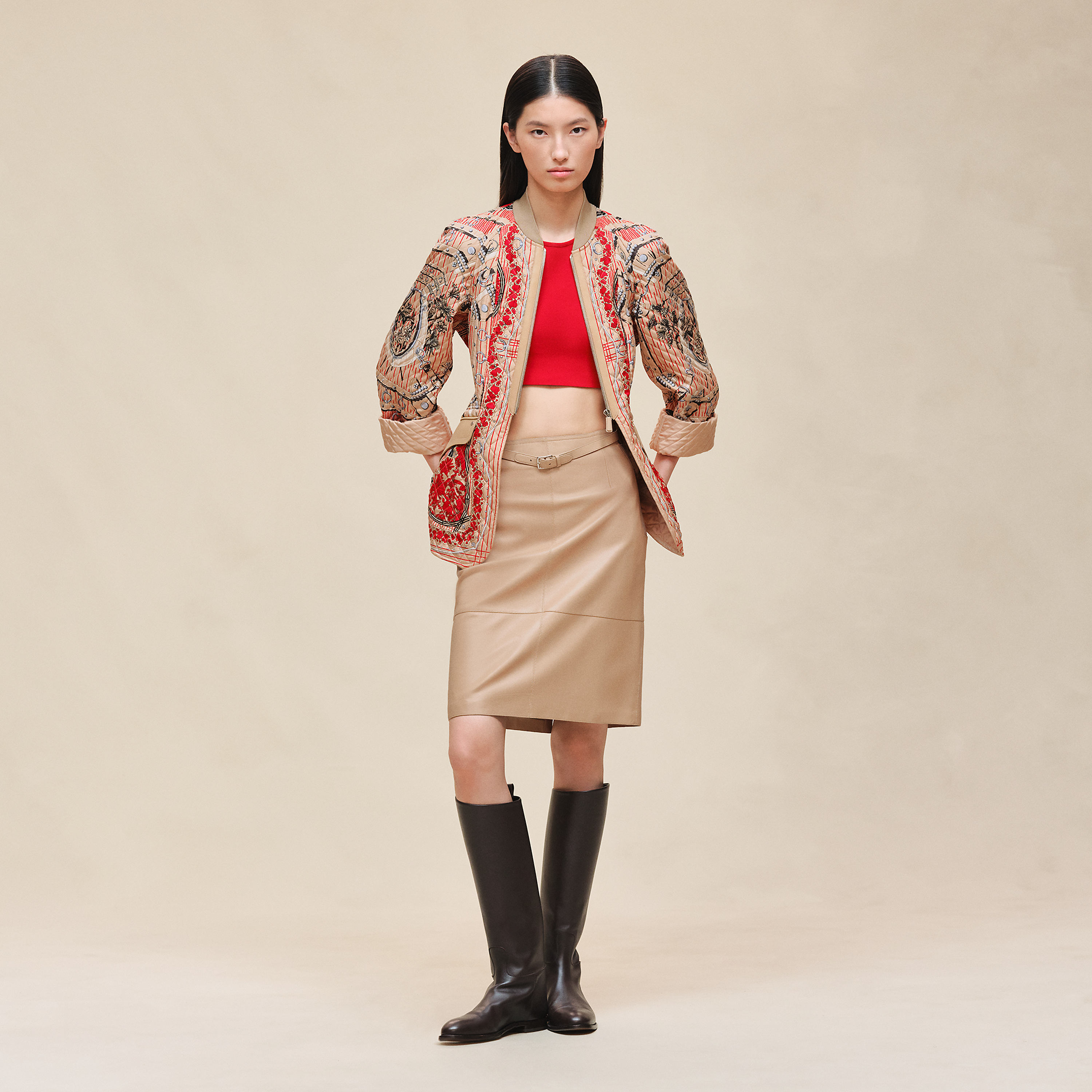 "Aux Champs en Fleurs Raye" mixed leather mat equestrian jacket